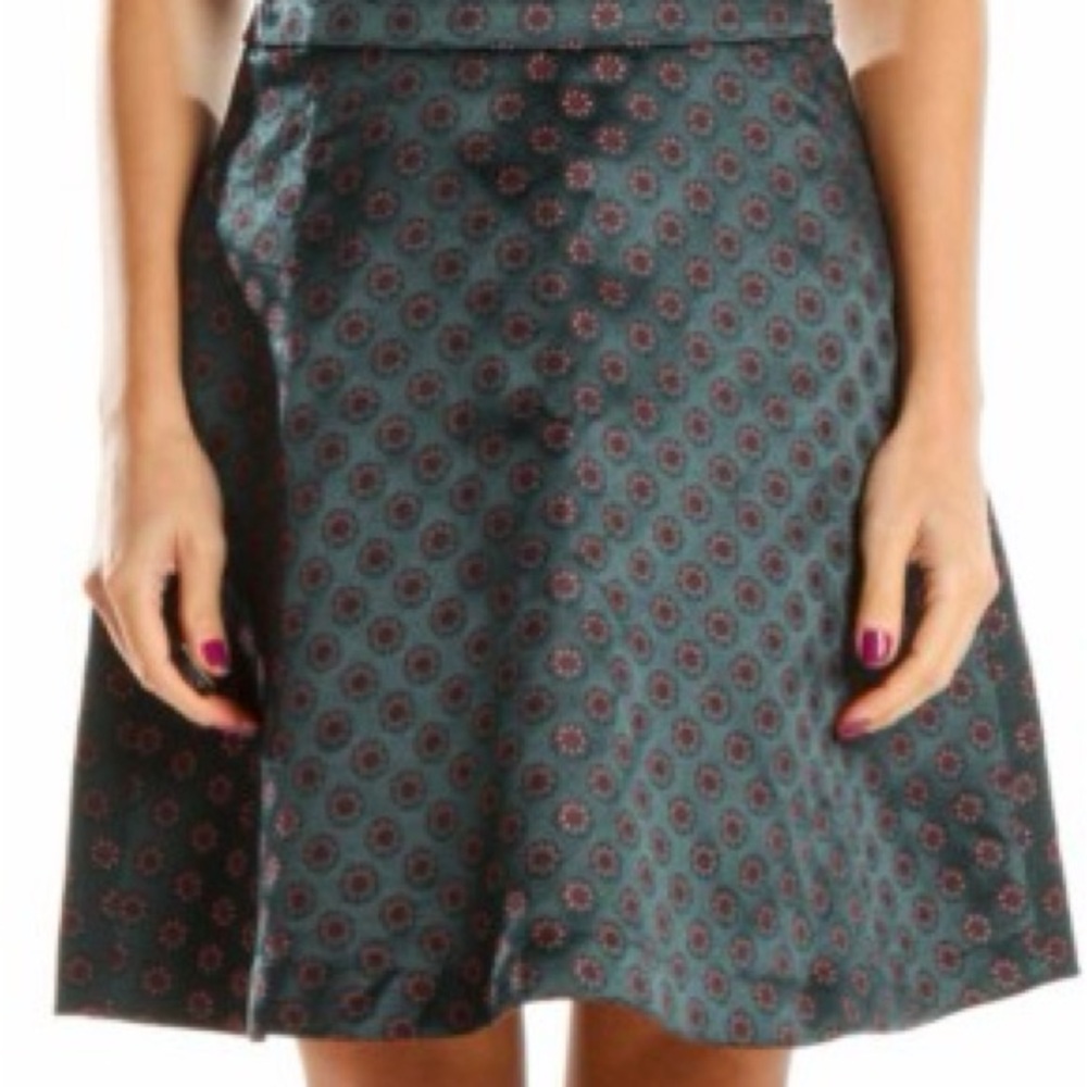 LOFT Satin/Metallic Teal Patterned A-Line Skirt